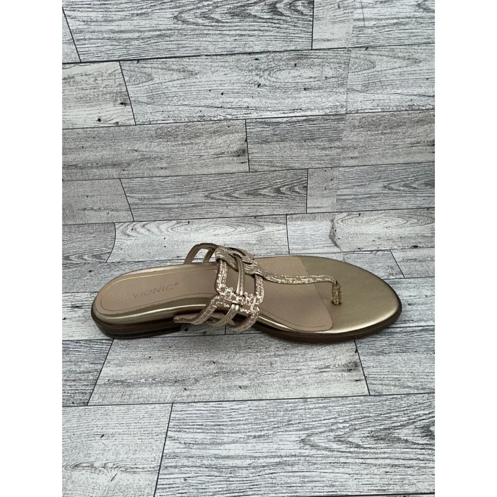 Vionic Alvana Champagne Gold Metallic Orthotic Thong Sandals Women Sz 9